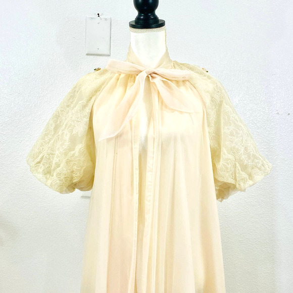 Vintage Twin Roses Chiffon Overlay Robe W/Lace Sleeves & Tiny Rosettes OS - Picture 2 of 11